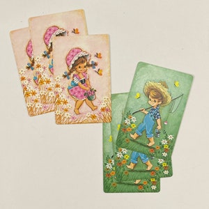 Set van zes vintage lieve land kinderen speelkaarten. Vissen Jongen. Meisje in Bonnet. Junk Journal Levering