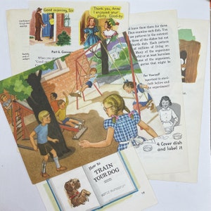 Set of 12 Pages from Vintage School Books. Dick and Jane. Phonics. Math. Junk Journal Supply