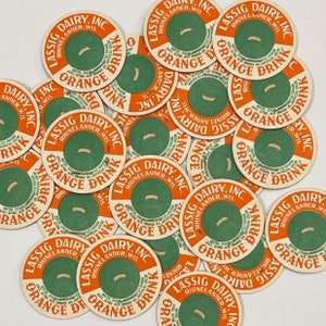 Set of 6 Orange and Green Lassig Orange Drink Caps. Junk Journal Supply