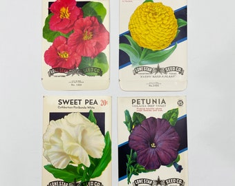 Set of 4 NOS Flower Seed Packets. Petunia. Sweet Pea. Nasturtium. Zinnia. Junk Journal Supply.