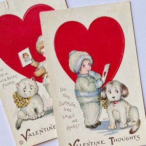 2 cartoline vintage di San Valentino con bambini. Cane. Gatto. Tuta da neve. M.E.P. Junk Journal Supply