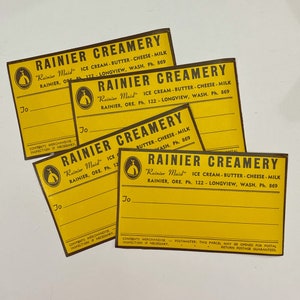 Set of Four Vintage, Gummed Rainier Creamery Mailing Labels. Ice Cream. Milk. Oregon. Junk Journal Supply