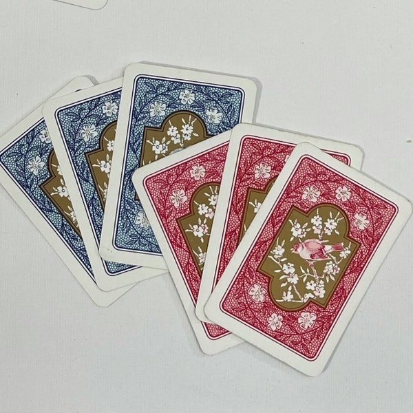 Set of 6 Pretty Miniature Playing Cards with Birds. Blue. Pink. Gold. Junk Journal Supply