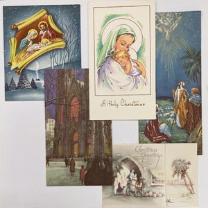 Vijf prachtige Vintage kerstkaarten. Godsdienstig. Jezus. Kribbe. Maria. Crèche. Junk Journal Levering