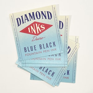 Set of 6 NOS Vintage Diamond Inks Fountain Pen Ink Labels. Blue. Red.  Junk Journal Supply