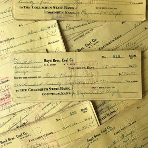 Zes Vintage Cheques, Geel, Jaren '50, Junk Journal, Scrapbooking, Collage Art