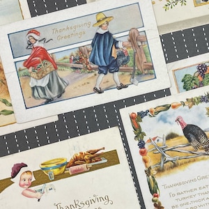 6 Vintage Thanksgiving Postcards. Whitney. Pilgrims. Turkey. Corn Field. Junk Journal Supply