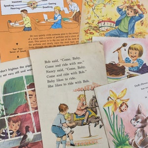 Set of 12 Pages from Vintage Children’s Books. Color Illustrations. School Book. Picture Book. Junk Journal Supply