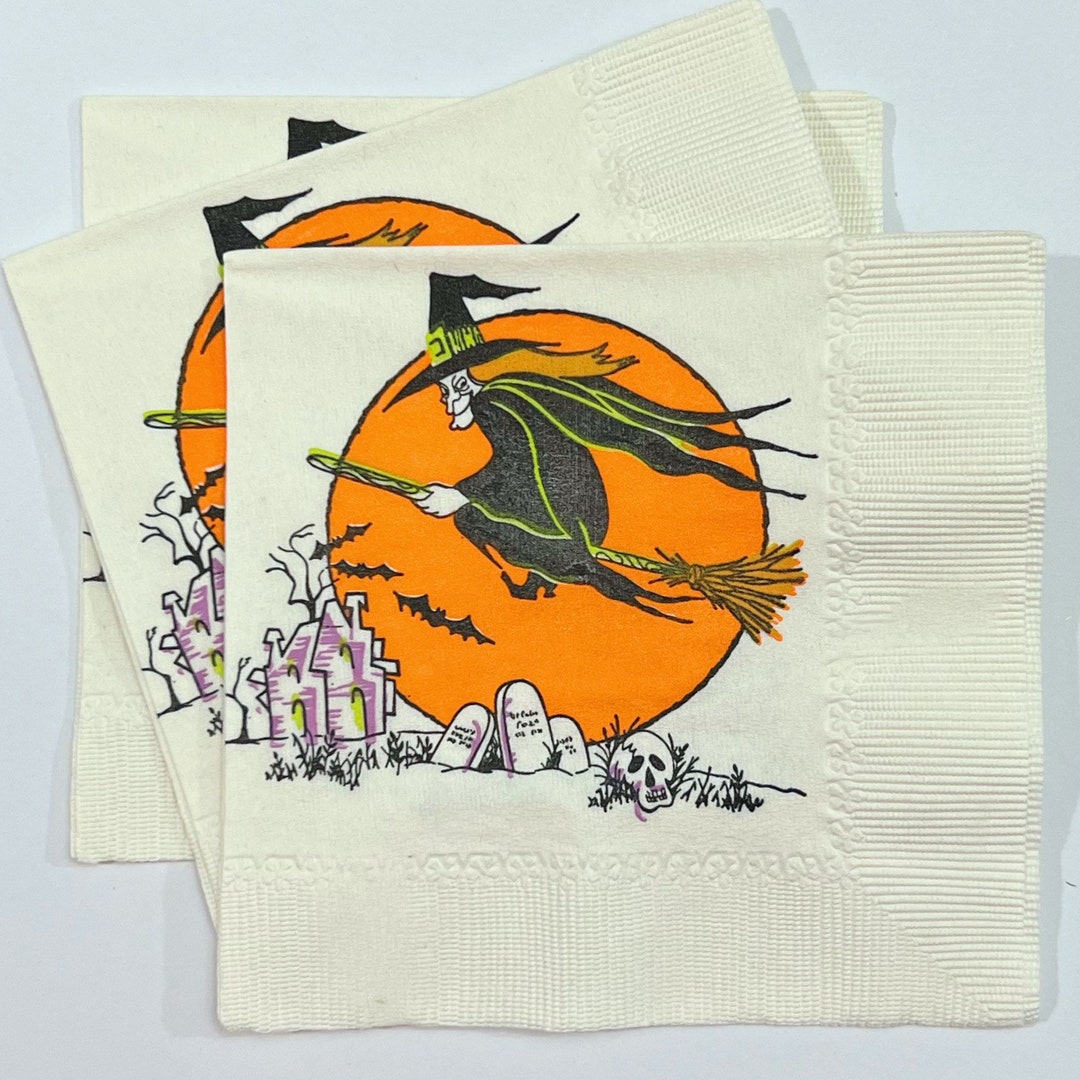 Set of 3 Vintage Halloween Napkins. Witch Riding on a Broomstick