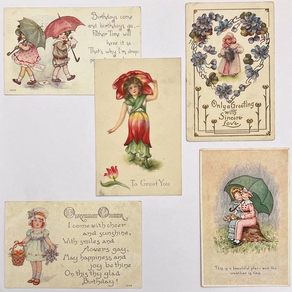 Set of Five, Vintage Postcards with Beautiful Children. Umbrella.Tulip. Mob Cap. Courting. Junk Journal Supply