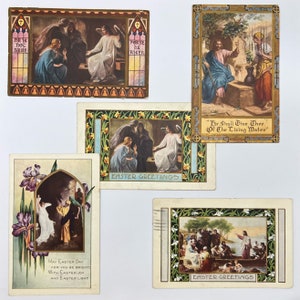 Cinque cartoline pasquali religiose, vintage, Whitney con Gesù, Maria e discepoli.  Fornitura di riviste spazzatura