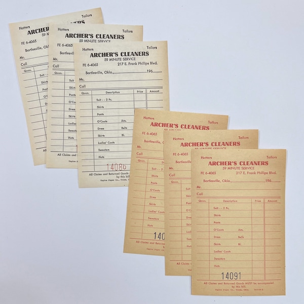 Set of 6. Vintage 1960s Archer’s Cleaners Receipts. Fashion. Tailor. Bartlesville.  Junk Journal Supply