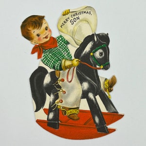 Vaqueiro de Natal! Cartões de Natal vintage marcantes. Cavalo de pau. Fornecimento de periódicos indesejados. Garoto.