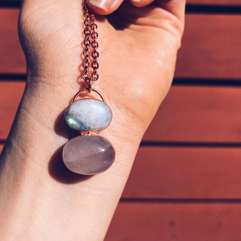 Ramona Moonstone Rose Quartz Crystal Copper Necklace Pendant Electroformed Handmade