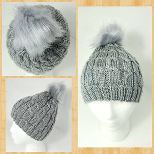 Ready to Ship! Silver Cable knit beanie with Silver Faux Fur Pom; Child size
