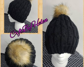 Cable Knit Beanie. Black cabled slouchy beanie with Brown Faux Fur pom. Teen to Small Adult