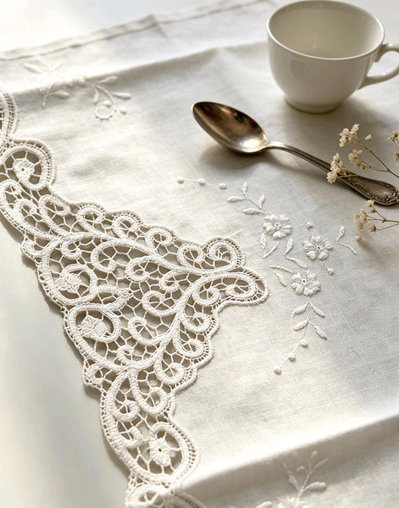 Vintage French Linen Doily, Hand Embroidered Roses, Crocheted Lace Trim, Antique Table Decor