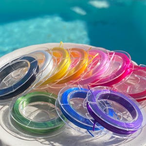 May include: A selection of colourful beading thread spools in shades like black, white, yellow, orange, pink, and purple. The spools are displayed on a white, scalloped-edge plate, with a blurred pool in the background.