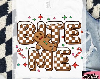 Bite Me Gingerbread SVG | Grappige retro kerstsublimatie | Geruite afbeelding voor vakantiekoekjes | Brutale kerstmis digitale download | Kerst-SVG