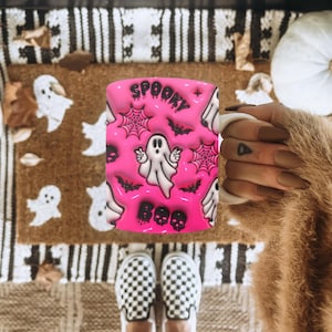 Spooky Ghost Mug, Halloween Coffee Cup, Boo Beverage Mug, Pink Ghost Mug, Cute Witch Mug