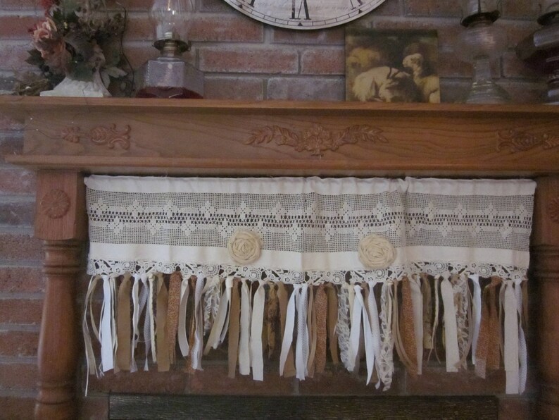 Lovely Vintage Crochet And Linen Valance Hand Tied Rolled Roses