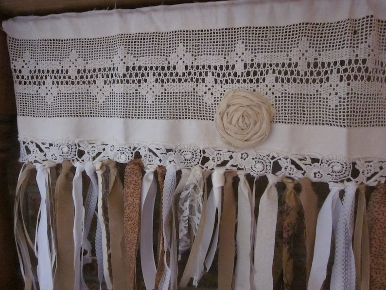 Lovely Vintage Crochet And Linen Valance Hand Tied Rolled Roses