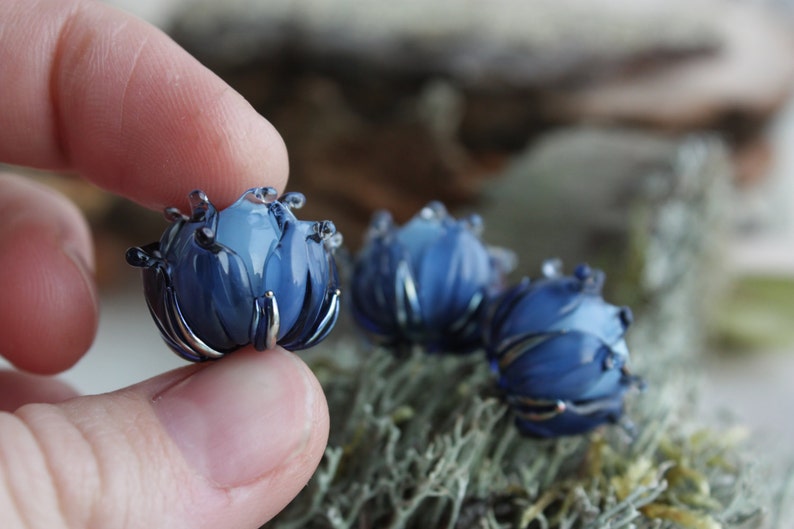 Lampwork Blue Flower Beads Handmade Glass Beads Floral Etsy