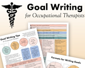 May include: A colorful infographic with the title "Goal Writing for Occupational Therapists". The infographic provides tips and formats for writing goals for occupational therapy clients. It includes acronyms like COAST, SMART, RHUMBA, and ABCD(E) to help therapists write effective goals.