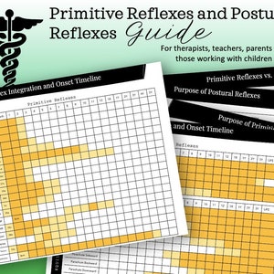 Puede incluir: Un gráfico titulado "Guía de reflejos primitivos y posturales" para terapeutas, maestros, padres y aquellos que trabajan con niños. El gráfico muestra la integración y la línea de tiempo de inicio de los reflejos primitivos, incluyendo el reflejo de Moro, el reflejo de enraizamiento y el reflejo de succión. El gráfico también muestra el propósito de los reflejos posturales, incluyendo el reflejo de Landau, el reflejo tónico del cuello simétrico y el reflejo de paracaídas.