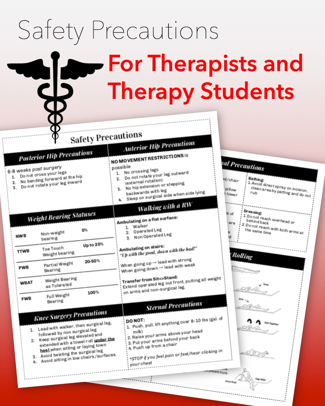 Safety Precautions Sheet for Therapists and Therapy Students, PT, OT, Rehab, Spine Precautions