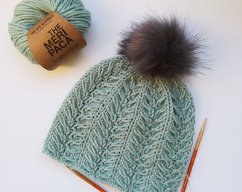 Pdf pattern for cables hat 'leaves nest', cozy, wool knitted hat with Meripaca yarns