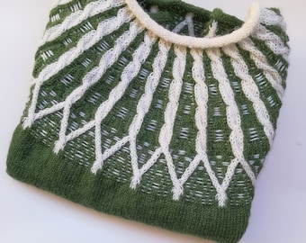 PDF pattern for knitted bicolor, fairisle, cables  "Green tales sweater" , digital instant download