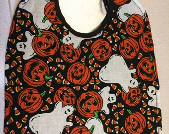 Halloween Baby Bib! Ghosts! Jack O'Lanterns! Candy Corn! Black Absorbent Quilted Backing. Cotton. Photo Prop!