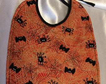 Halloween Cute Black Spiders and Bats Orange Webbed Background Absorbent Black Quilted Backing Cotton Handmade Baby Bib