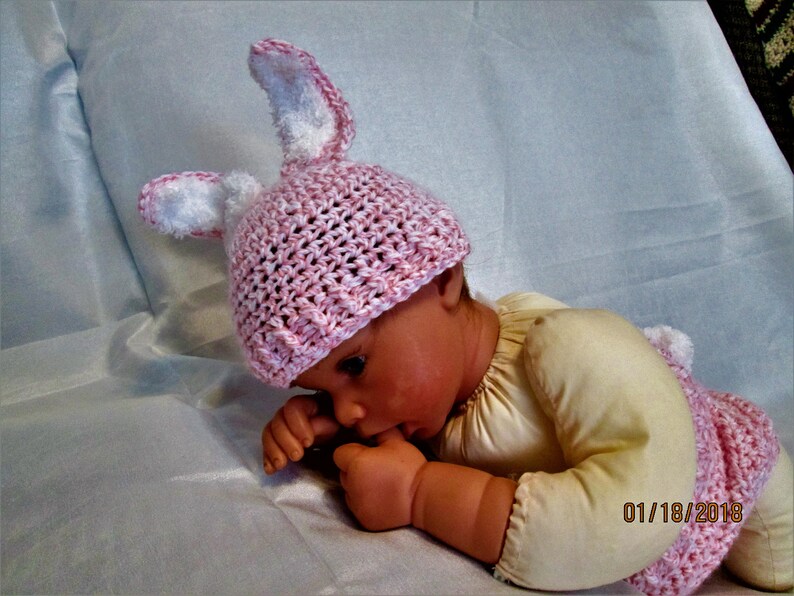 Pink Fluffy Bunny Ears Hat and Diaper Cover Great Easter Photo Prop Pink and white yarn. Cute Fluffy Bunny tail image 1