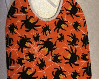 Halloween Baby Bib! Spiders! Webs! White Quilted Absorbent Backing. 100% Cotton. Orange Background. Photo Prop!