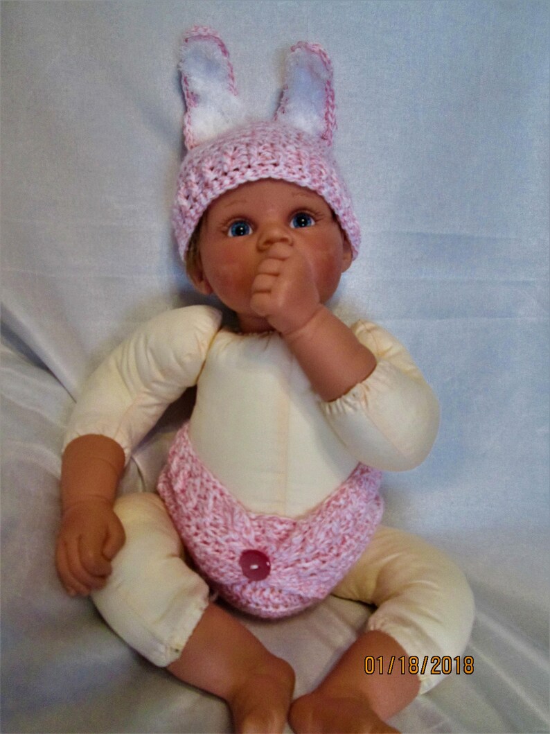 Pink Fluffy Bunny Ears Hat and Diaper Cover Great Easter Photo Prop Pink and white yarn. Cute Fluffy Bunny tail image 2