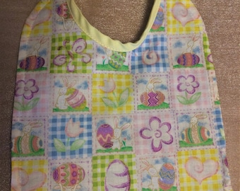 Easter Print  Eggs, Cute Bunnies, Butterflies, Flowers, Baby Bib, Blue Gingham Backing, Yellow Ties, Baby Gift