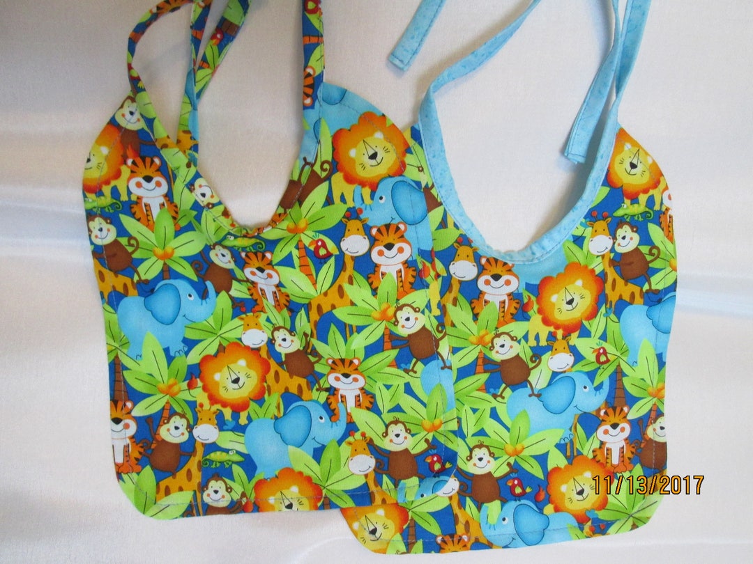 Jungle Animals Baby Bibs Reversible to Monkey Pattern or Blue