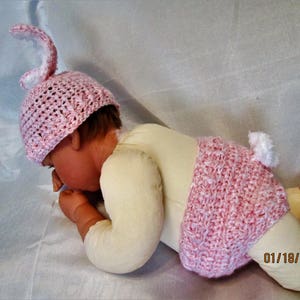 Pink Fluffy Bunny Ears Hat and Diaper Cover Great Easter Photo Prop Pink and white yarn. Cute Fluffy Bunny tail image 3