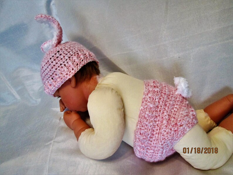 Pink Fluffy Bunny Ears Hat and Diaper Cover Great Easter Photo Prop Pink and white yarn. Cute Fluffy Bunny tail image 3