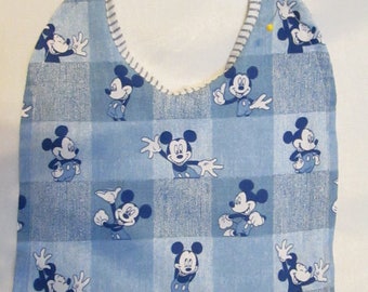 Mickey Mouse Denim Checkered Look/ Blue Striped Reversible Baby Bib