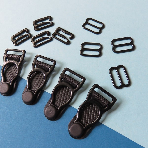 1/2" / 12mm Black Metal Hooks,Sliders and Suspender Clips Premium Jewelry Quality Bra Adjusters 12mm Garter Belt Making Garterbeltmaking