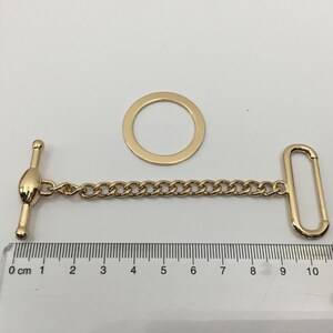 Puede incluir: Cadena de metal dorado con cierre de palanca y un anillo en D. La cadena mide aproximadamente 10 cm de largo.