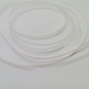 May include: A close-up of a white, flexible, and thin plastic trim. The trim is coiled and appears to be a few feet long.