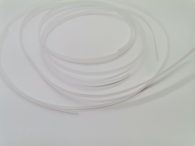 May include: A close-up of a white, flexible, and thin plastic trim. The trim is coiled and appears to be a few feet long.