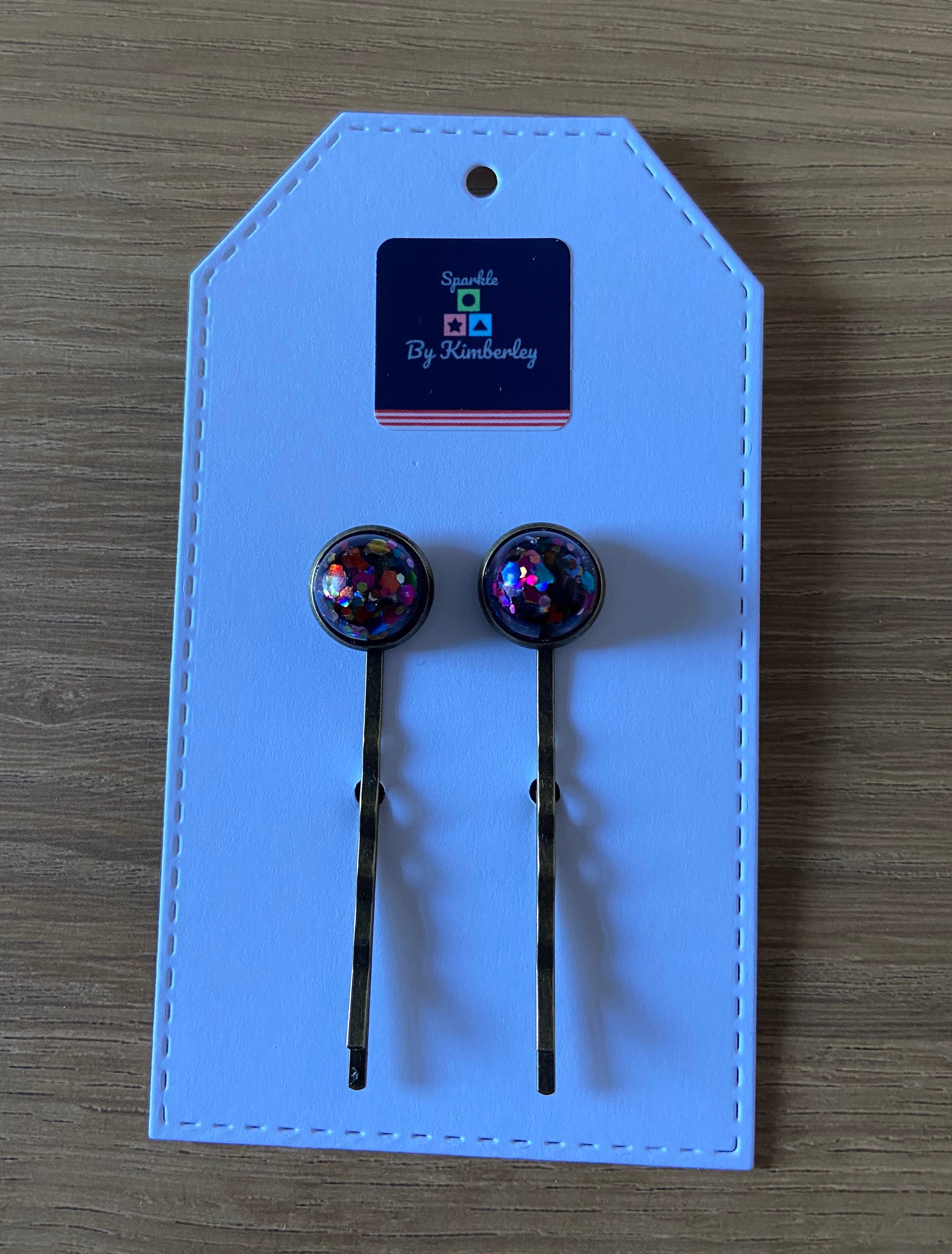 Hair grips with rainbow glitter// Handmade// resin hair grips// for her