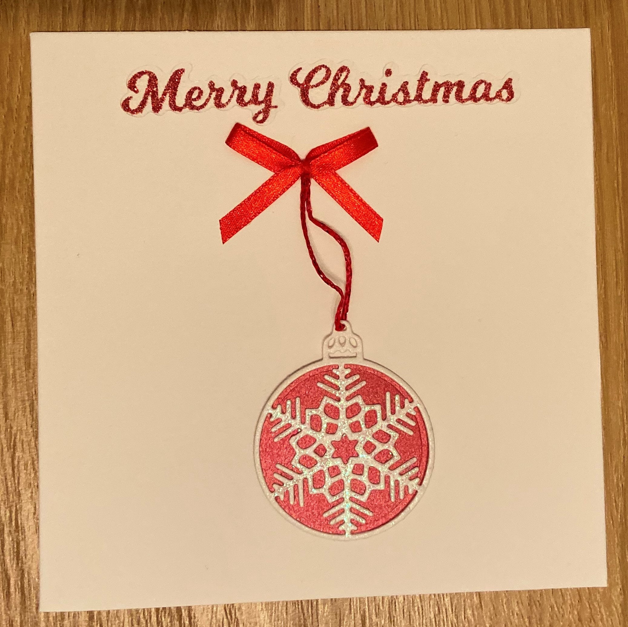 Christmas Card// Bauble// Red// Handmade// Ribbon// Card for him// Card for her// Greetings card