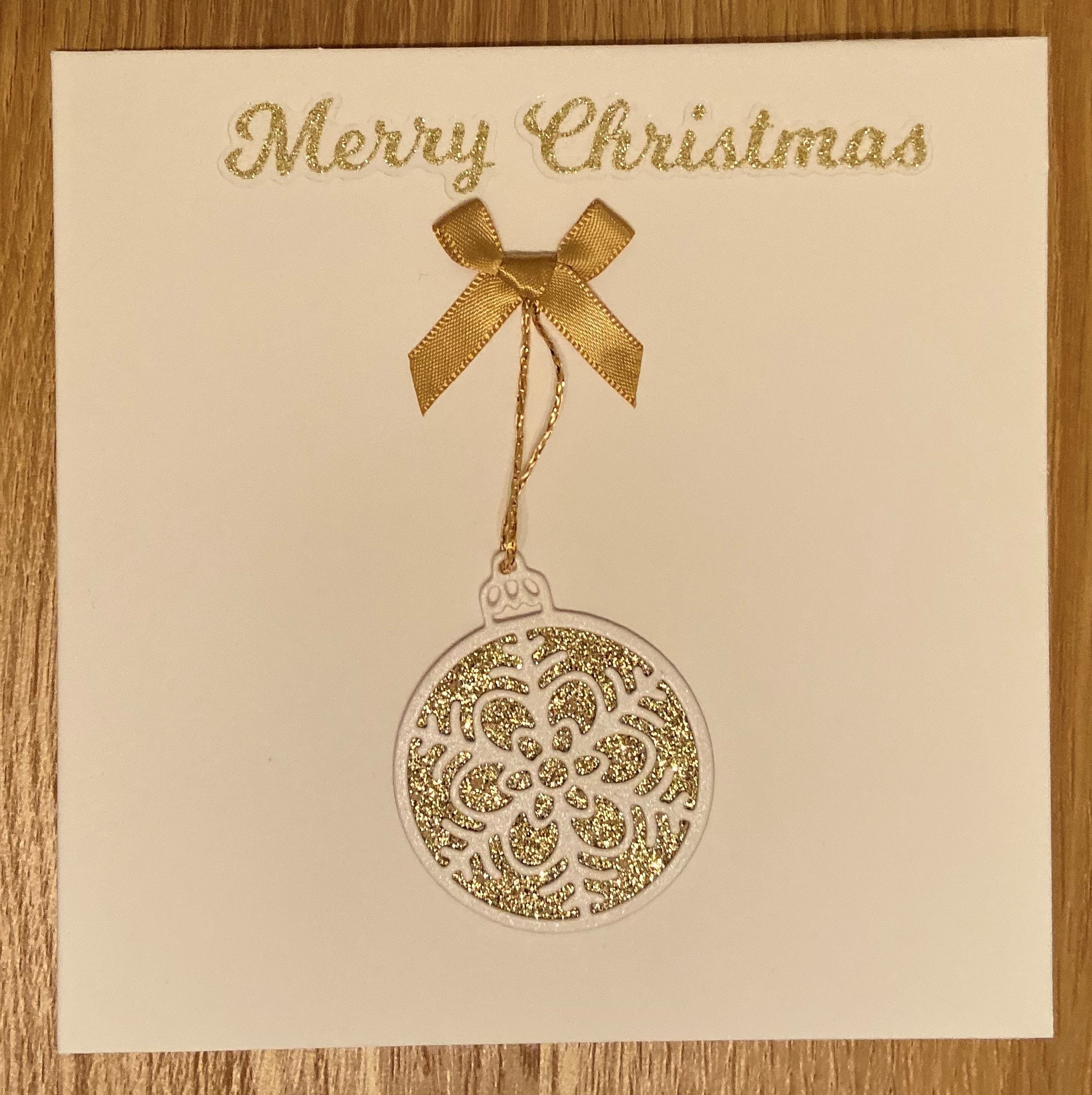 Christmas Card// Bauble// Gold// Handmade// Ribbon// Card for him// Card for her// Greetings card