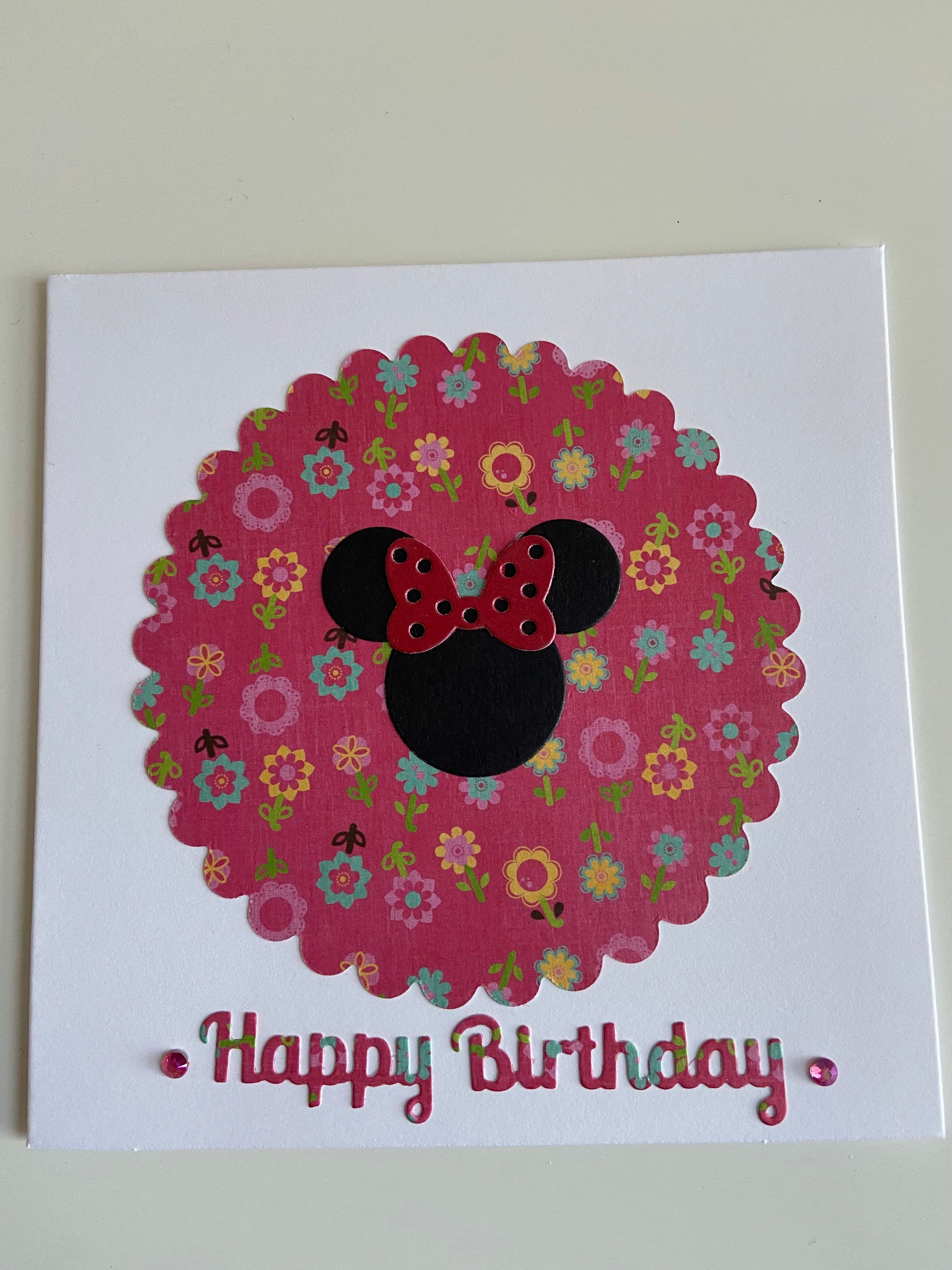 Minnie inspired pink flowery Birthday card.